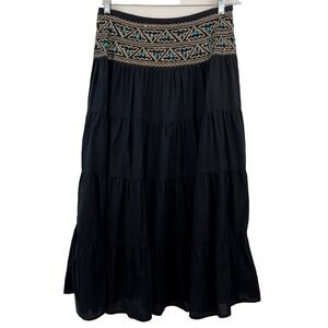 Tribal Tiered Maxi Skirt Size 6 Black Zip Beads Embroidery Boho Western Cotton